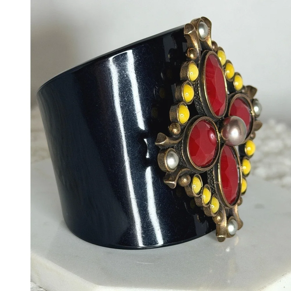 Vintage Extasia Red Bronze Handmade Cuff Bracelet Cab Stone Baroque Cross